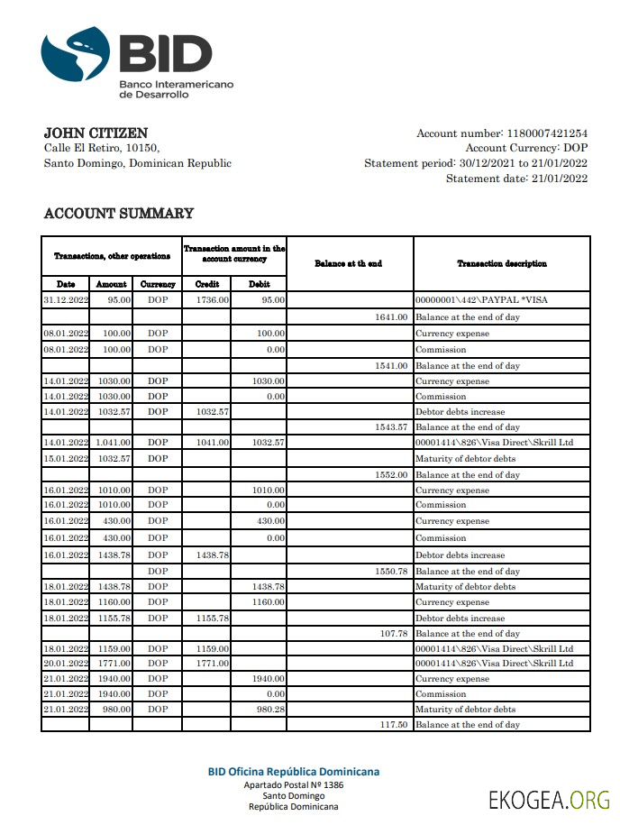 Relevé bancaire de soumission de la République Dominicaine xls